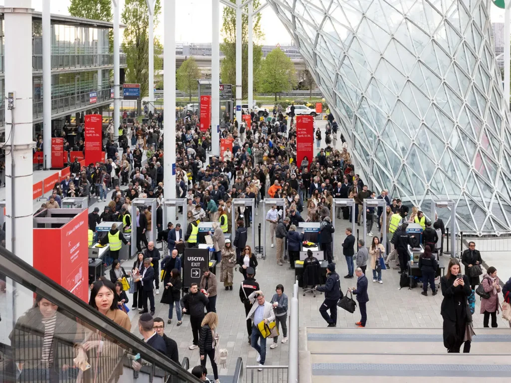 Crowd lining up at the entrance of Salone del Mobile 2025